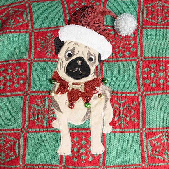 33 Degrees Pug Dog Ugly Christmas Sweater Womens XL Sequins Jingle Bells Holiday - Picture 6 of 16